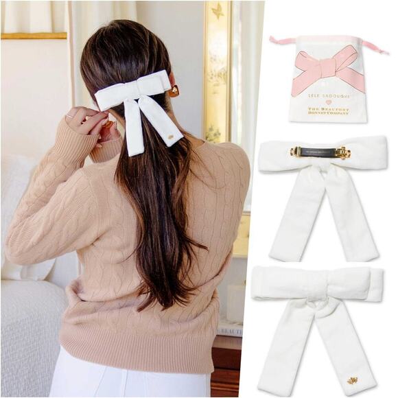 Lele Sadoughi Accessories - Lele Sadoughi Velvet Bow Barrette White Gold Logo NWT